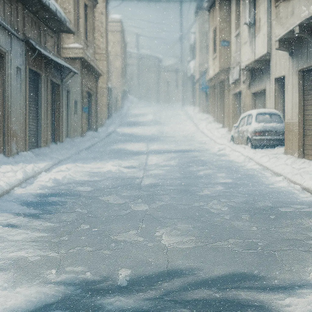 Snowy street with a car parked on the side in an urban setting